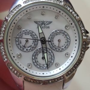 Aviator Mother of Pearl Leather Watch